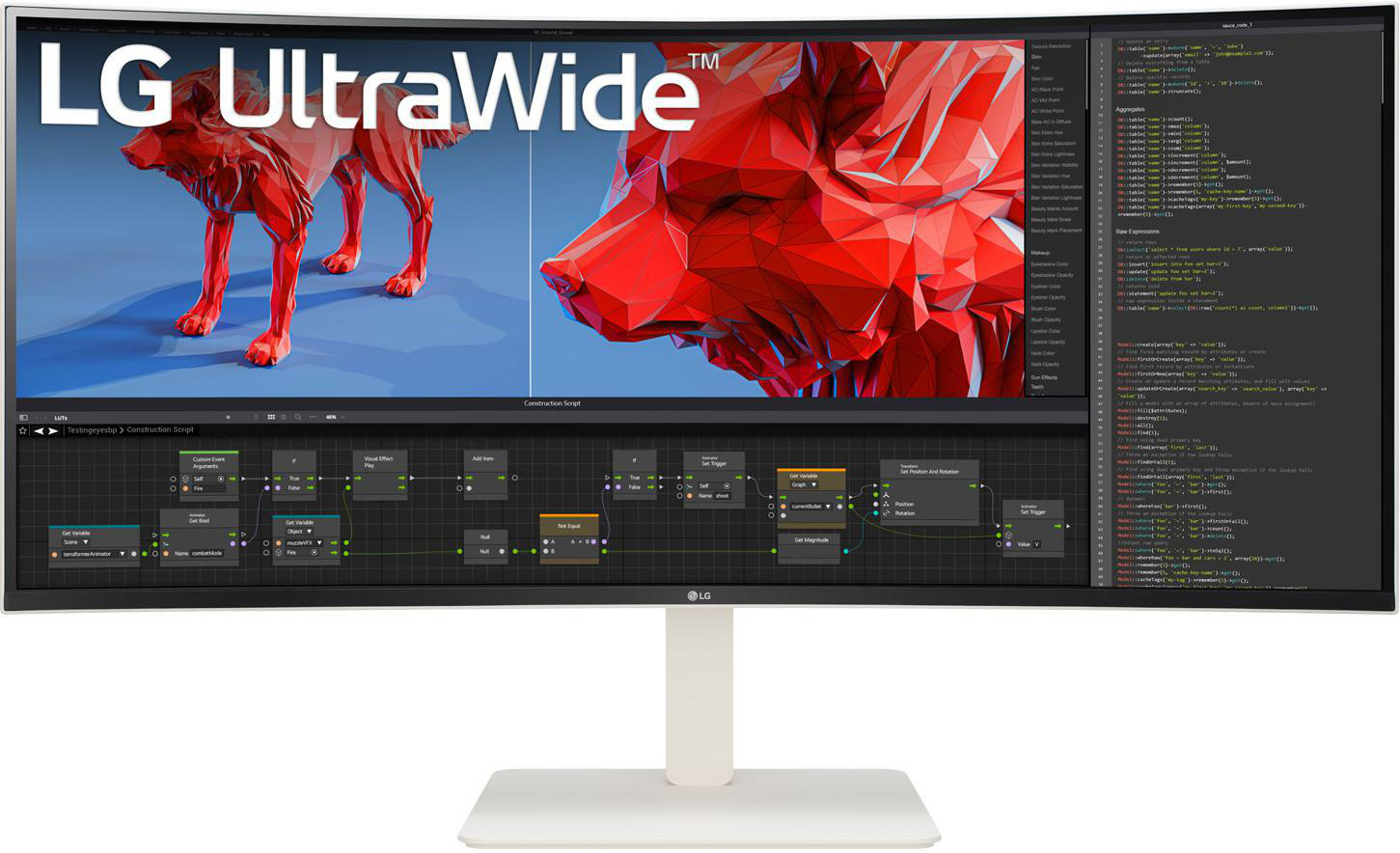 LG UltraWide Monitor, der ein rotes Hundemodell mit komplexer Softwareoberfläche anzeigt.