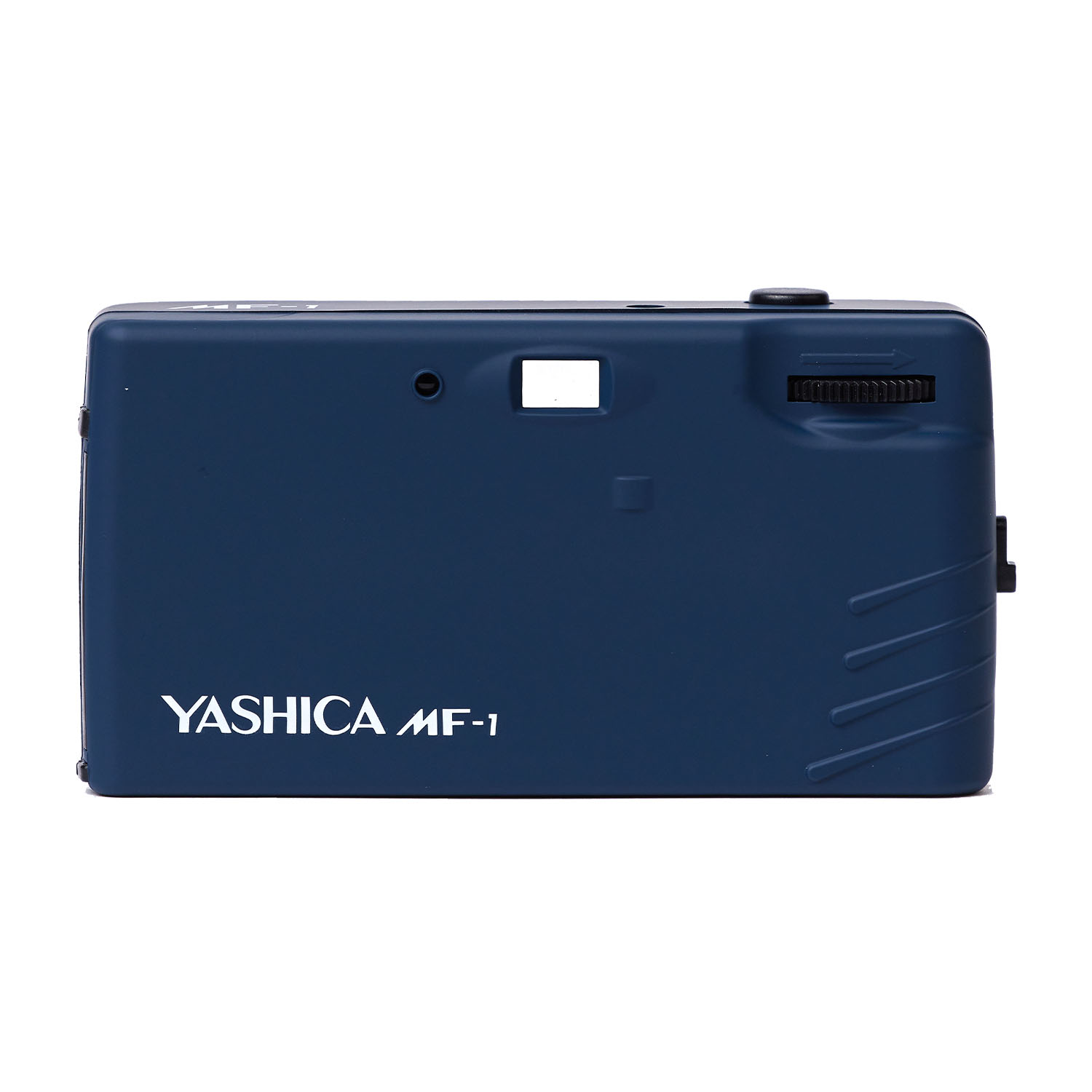 Una fotocamera a pellicola Yashica MF-1 blu scuro, vista da dietro.