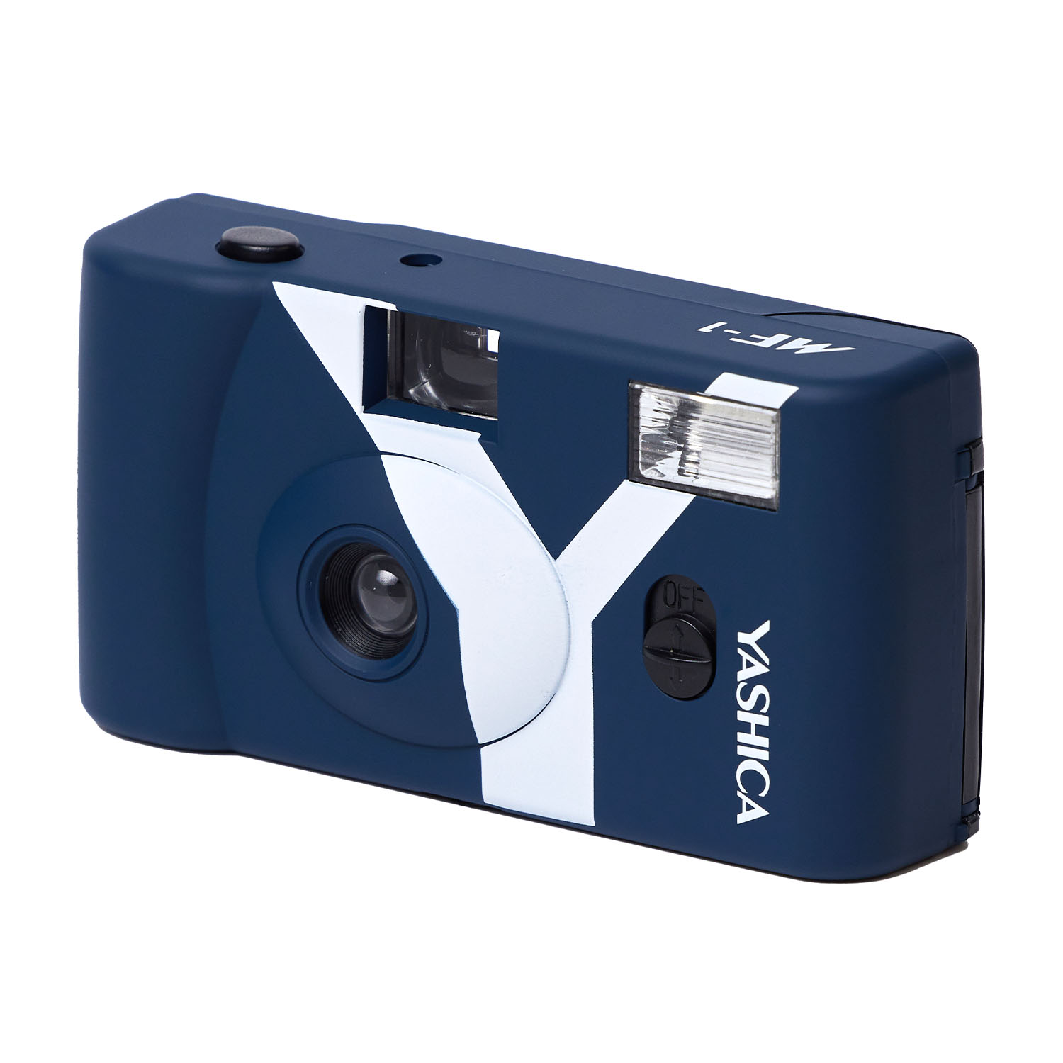 Fotocamera blu Yashica MF-1, con logo Y bianco.