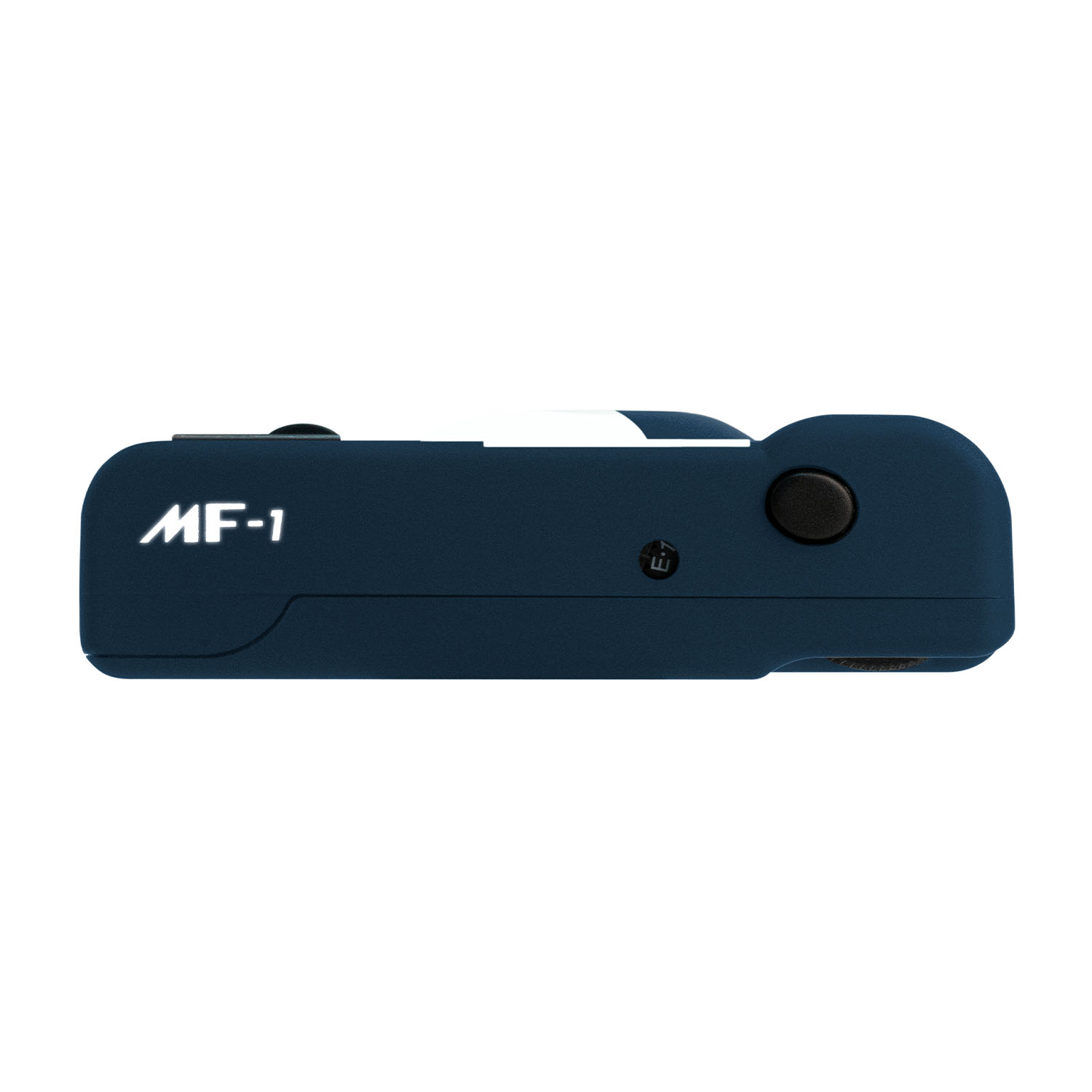 Vista dall'alto di una fotocamera MF-1 blu navy con dettagli bianchi e un pulsante nero.