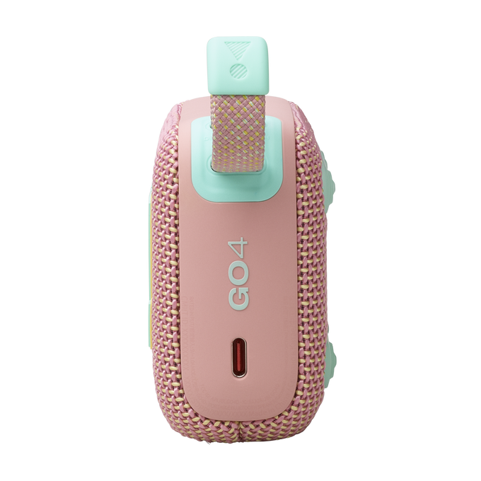 Altavoz portátil rosa y verde menta. Texto GO4 en la parte delantera.