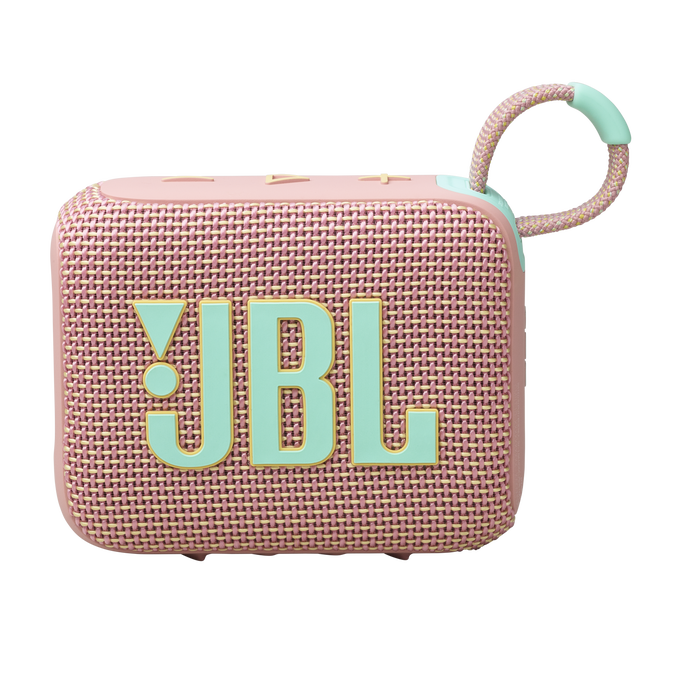 Un altavoz JBL rosa con el logo y un asa.