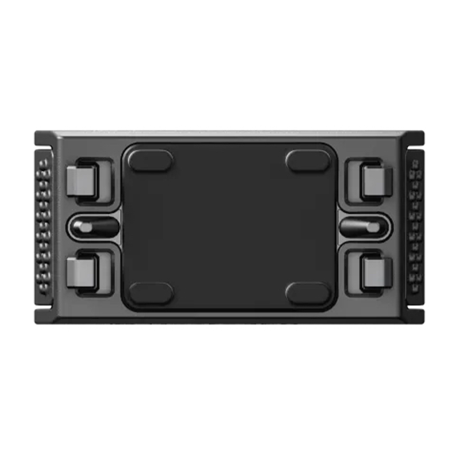 Supporto rack nero per elettronica. Connettori multipli e fori per viti.