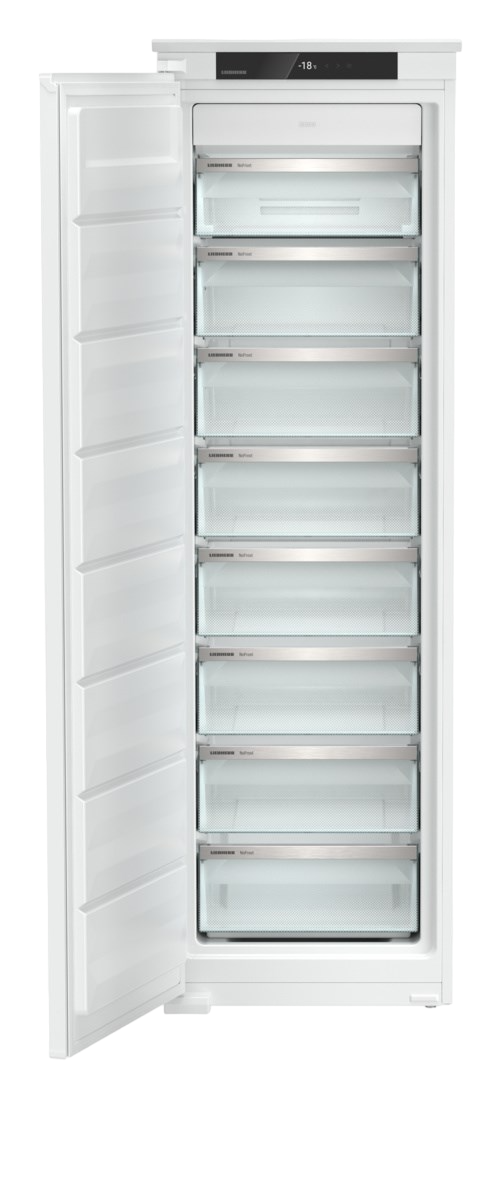 Weißer offener Gefrierschrank mit transparenten Schubladen. Innenraum zeigt mehrere Fächer. Marke Liebherr.