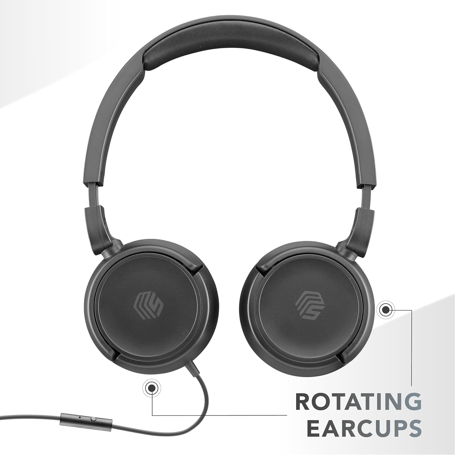 Auriculares negros con auriculares giratorios. La diadema está acolchada.