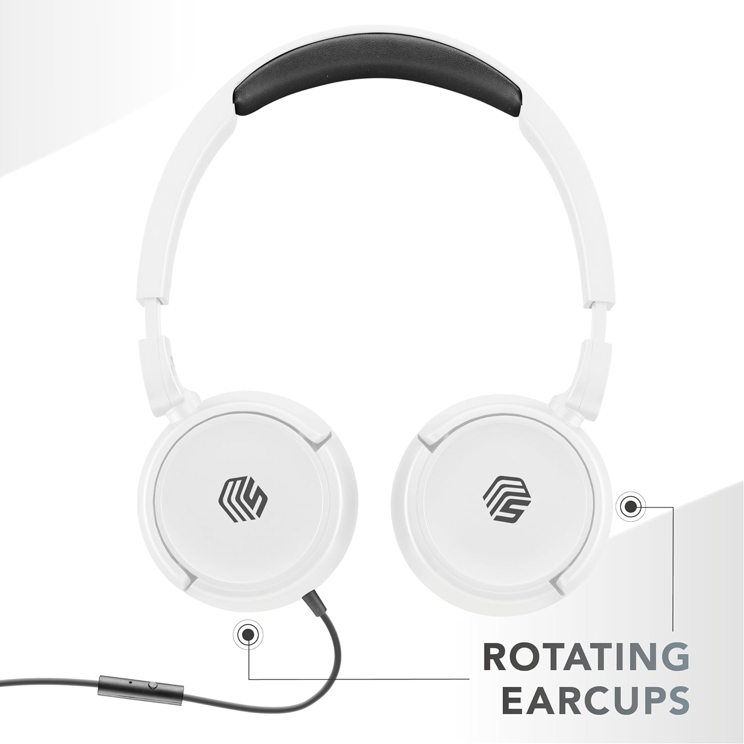 Auriculares blancos, almohadillas giratorias, texto 'ROTATING EARCUPS'. Cable negro y botón.