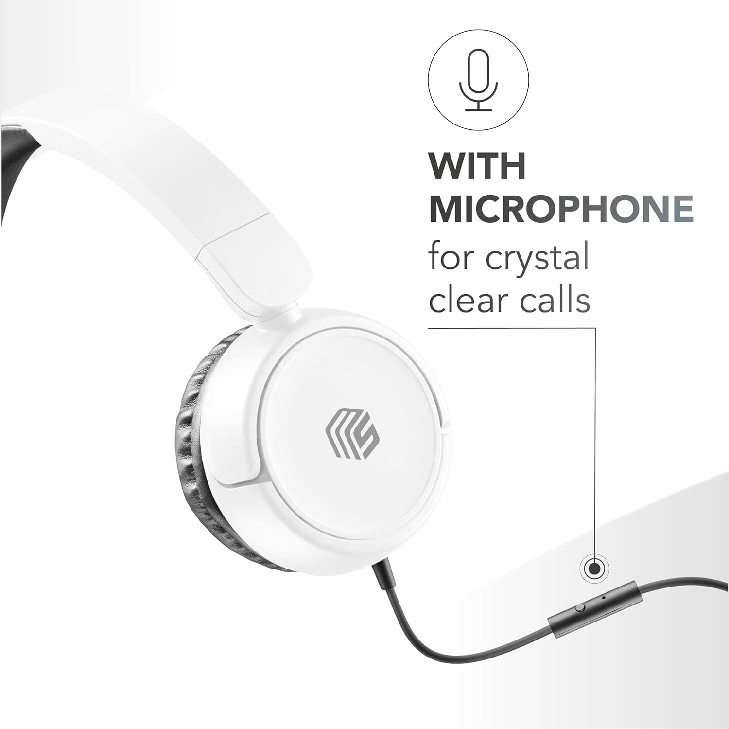 Auriculares blancos con micrófono. El texto dice 'WITH MICROPHONE for crystal clear calls'.