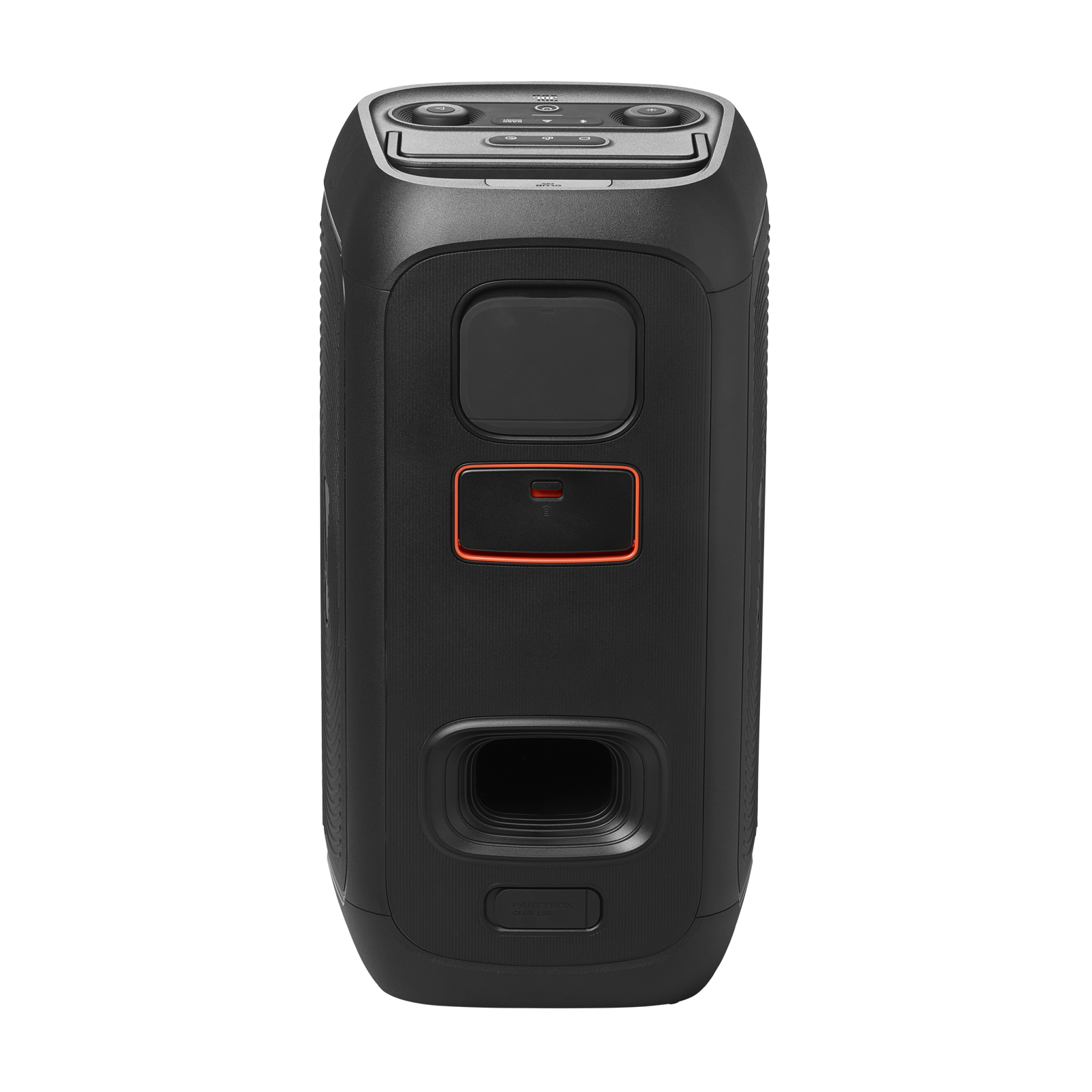 Un altavoz negro con un acento rojo. Tiene botones y agujeros. Fondo negro.
