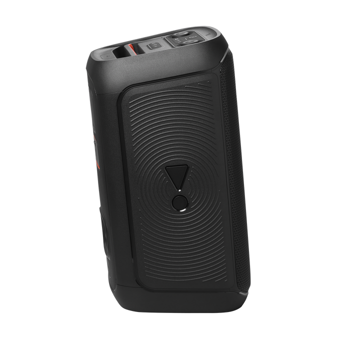 Altavoz portátil negro con acento rojo y logotipo de JBL.