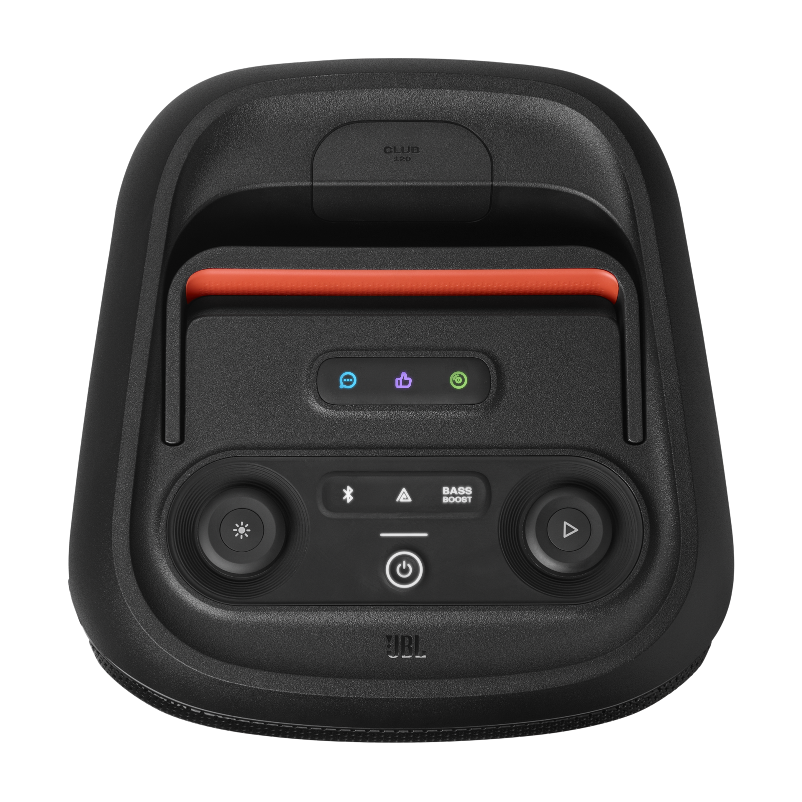 Altavoz JBL PartyBox negro, vista superior. Cuenta con botones, luces y un asa. Acento naranja.