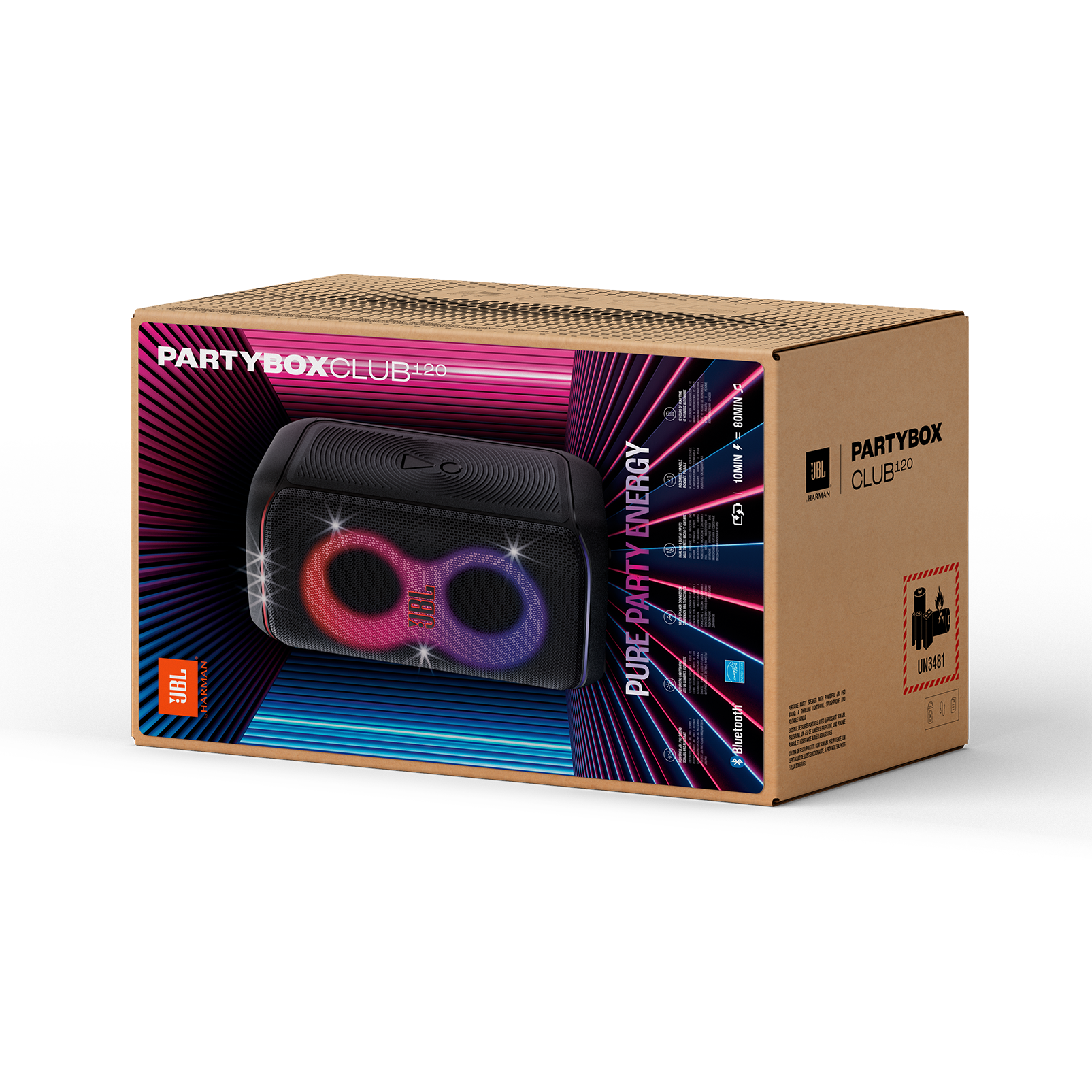 Caja de cartón con un altavoz negro dentro, diseño colorido. Texto: PARTYBOXCLUB120, JBL.