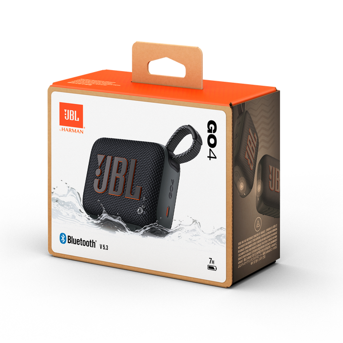 Altavoz JBL GO4 en una caja con gráfico de salpicaduras de agua e información del producto.