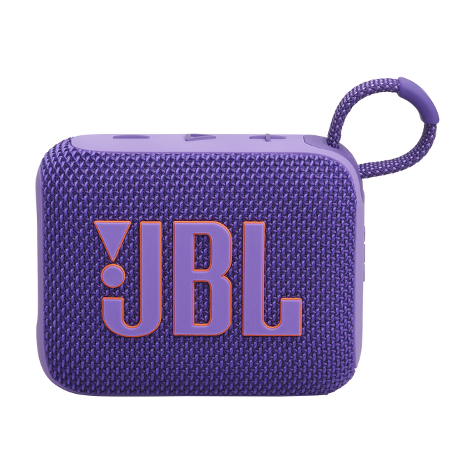 Altavoz JBL morado con logo JBL naranja y lazo, sobre fondo blanco.