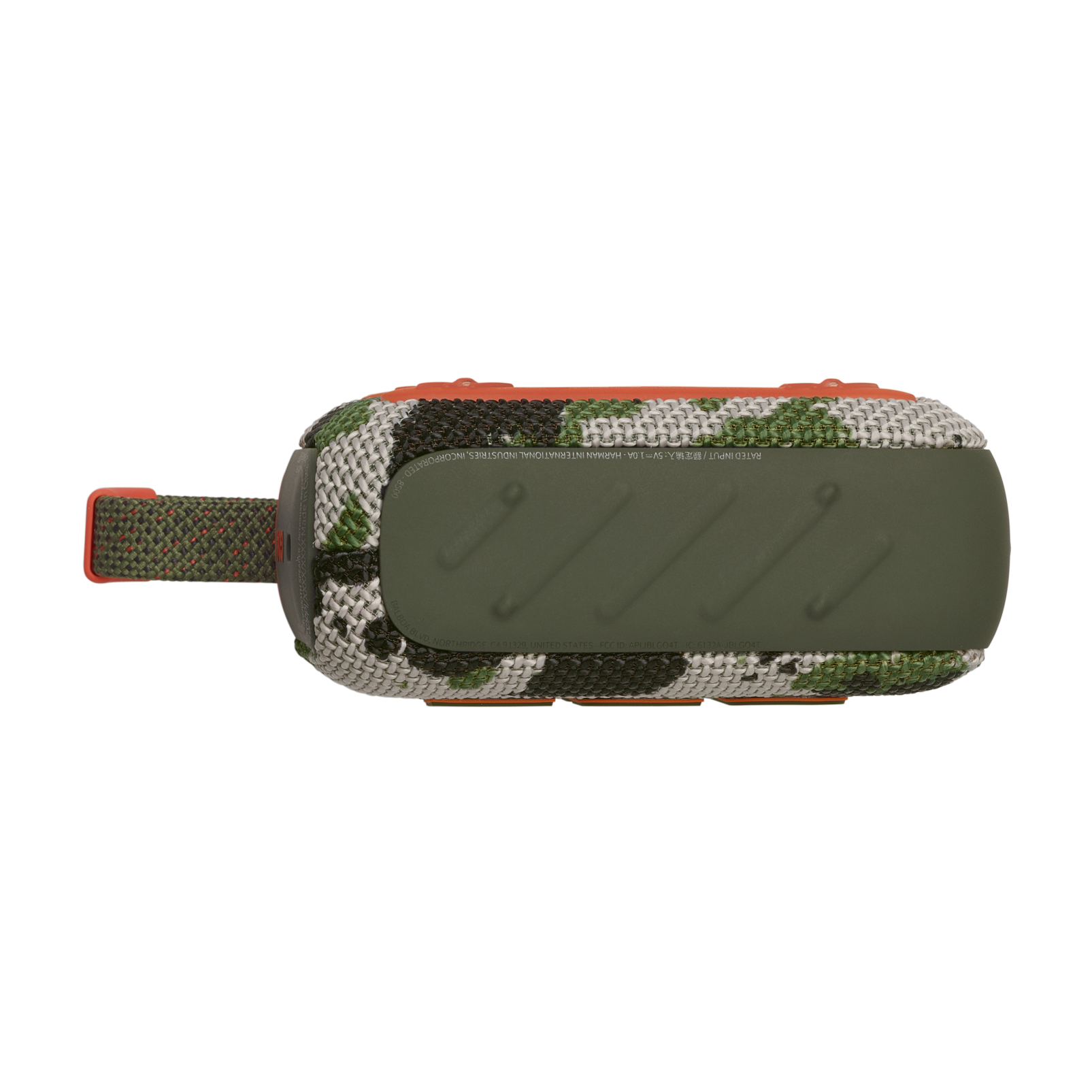 Un altavoz pequeño, con diseño de camuflaje y correa naranja.