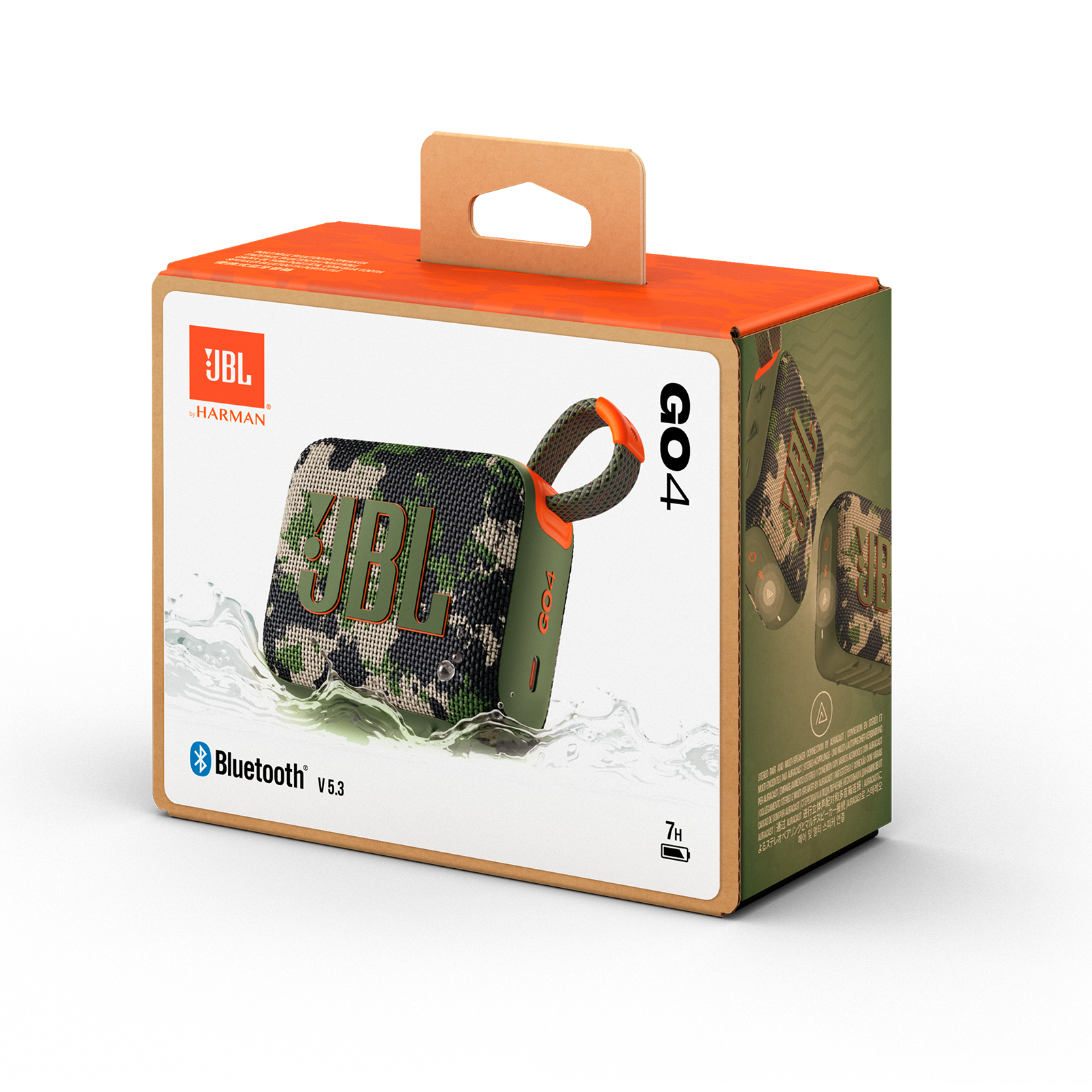 Altavoz JBL GO4 en su caja, con diseño de camuflaje y asa.