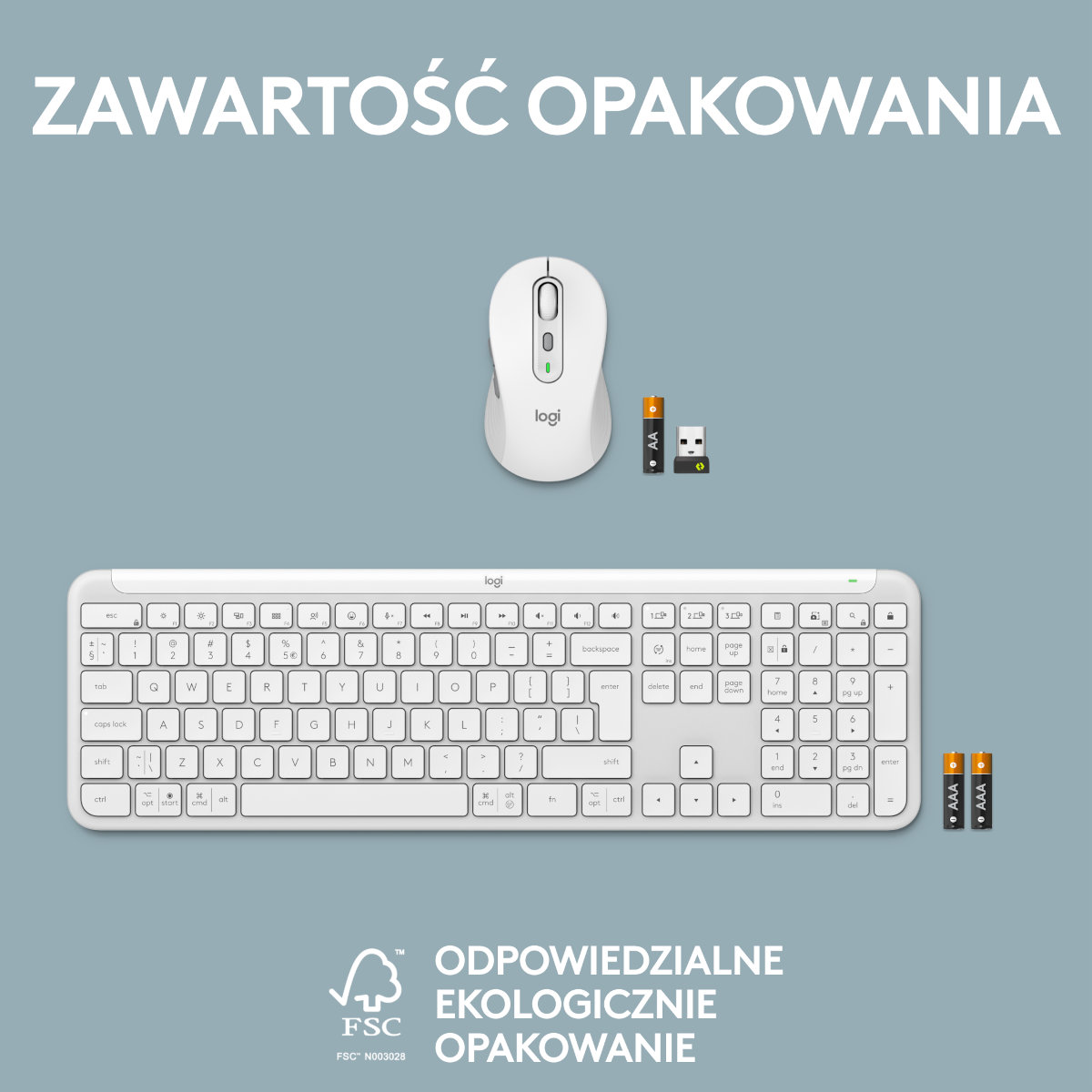 Biała klawiatura Logitech, mysz, baterie i odbiornik USB na białej powierzchni.