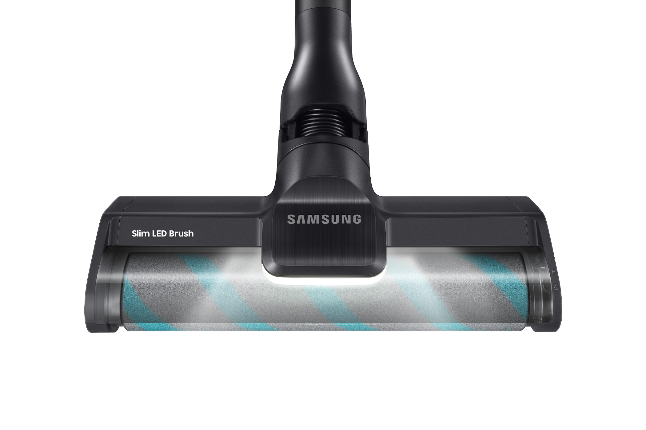 Zbliżenie na szczotkę LED Samsung Slim, z rolką i logo Samsung.