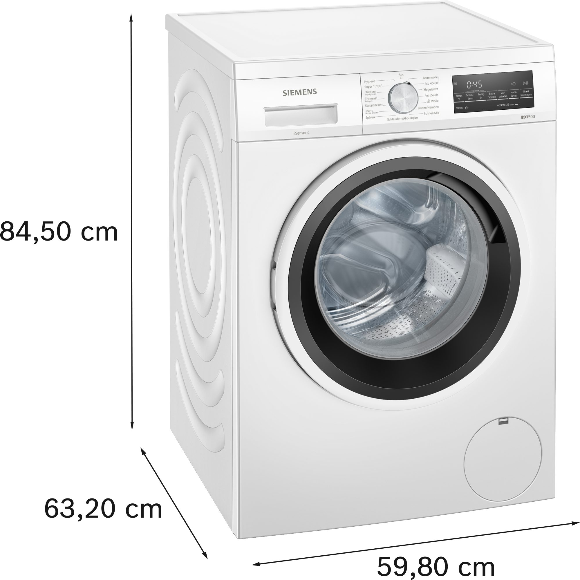 Weiße Siemens Waschmaschine. Schwarze Tür und Bedienfeld. Dunkler Hintergrund.