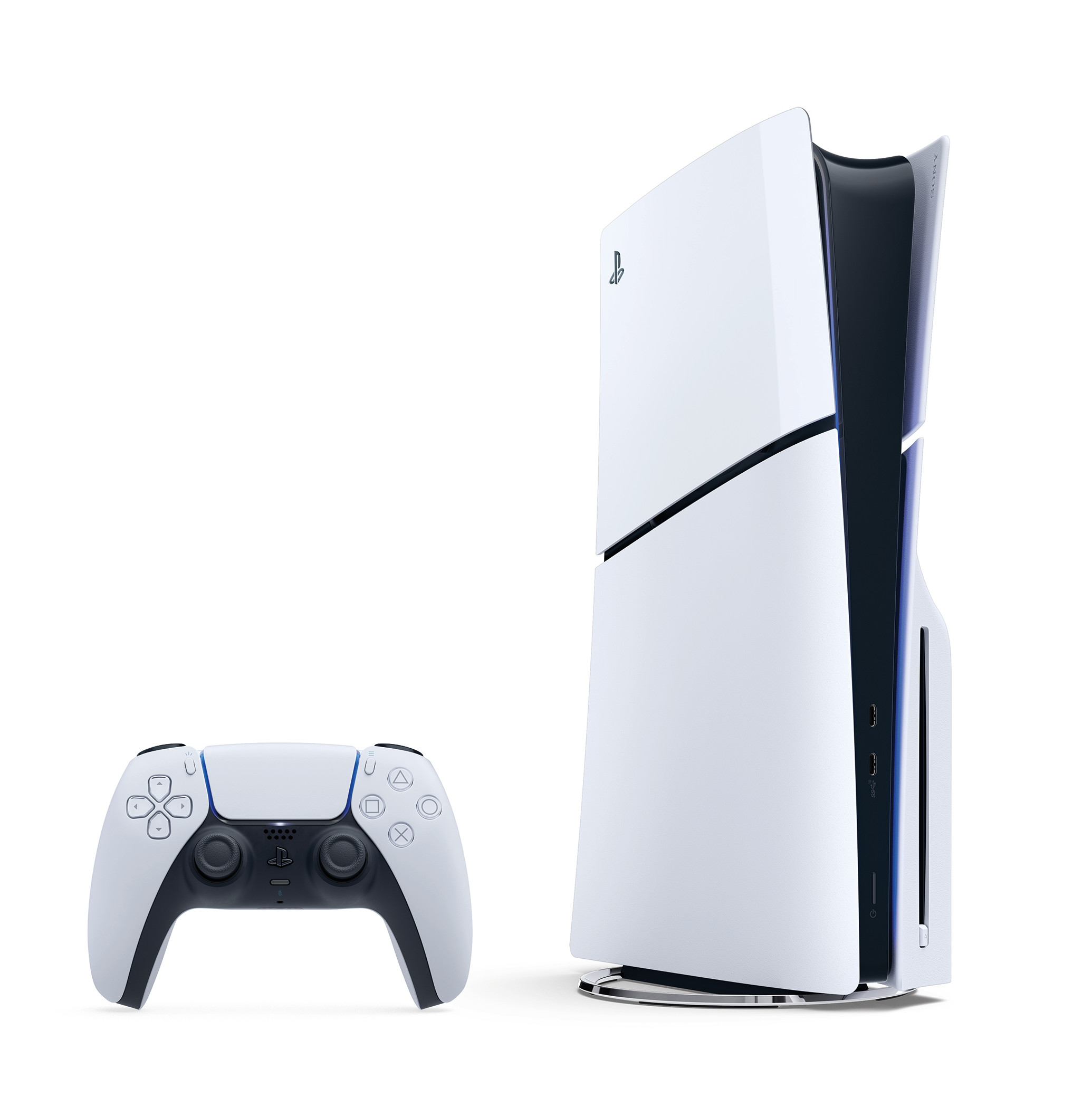Biała konsola Playstation 5 i kontroler na białym tle. Konsola stoi pionowo.