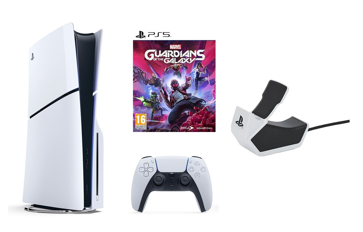 Konsola PlayStation 5 z grą, kontrolerem i stacją ładującą.