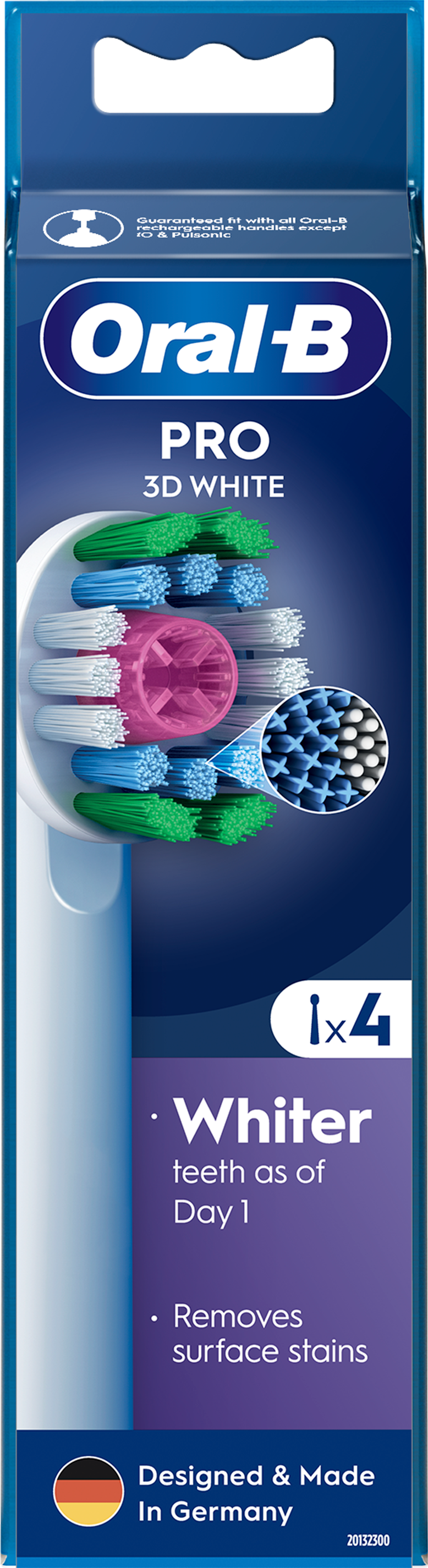 Az Oral-B Pro 3D White fogkefe fejének közeli képe a csomagolásában.