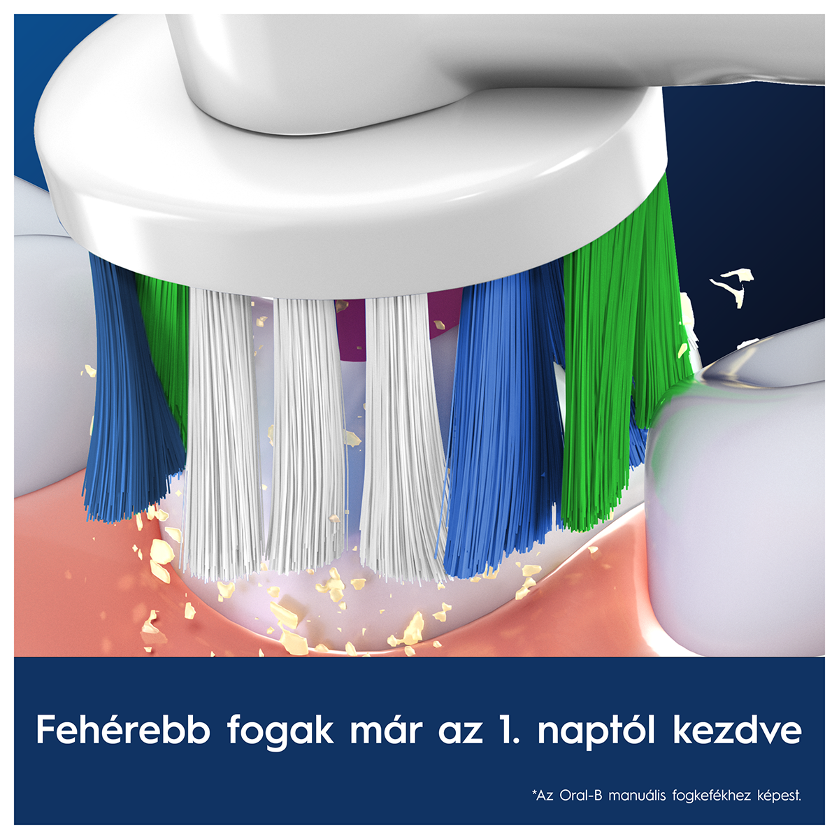 Közelkép egy fogkeféről, amely többszínű sörtékkel tisztítja a fogakat.