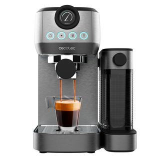 Cafetera express - Cecotec Power Espresso 20 Steel Pro Latte, 20 bar, 1350 W, 1.3 l, 2 tazas, Tanque de leche, Thermoblock, Steel