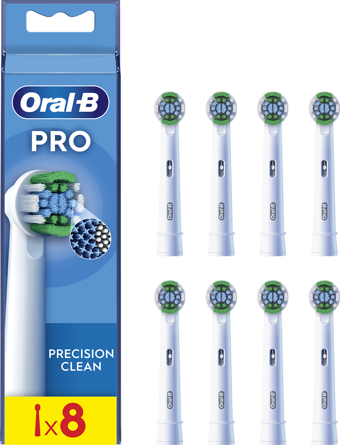 Oral-B Pro precíziós tisztító fogkefe fejek csomagja. Nyolc fej egy kék-fehér dobozban.