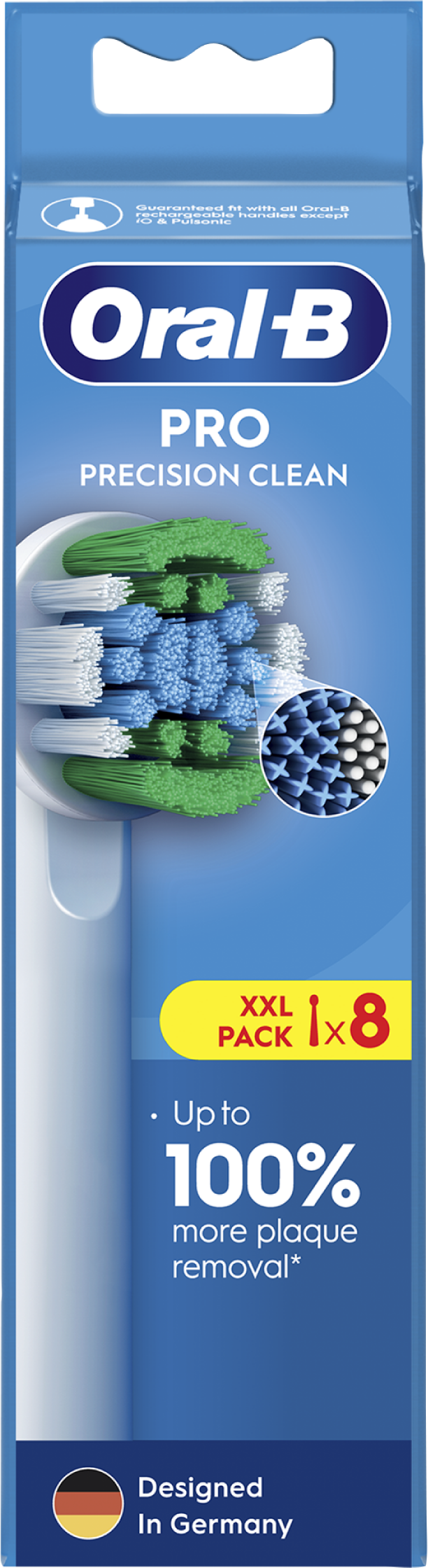 Oral-B Pro Precision Clean fogkefe fejek, zöld és kék sörtékkel, kék csomagoláson.