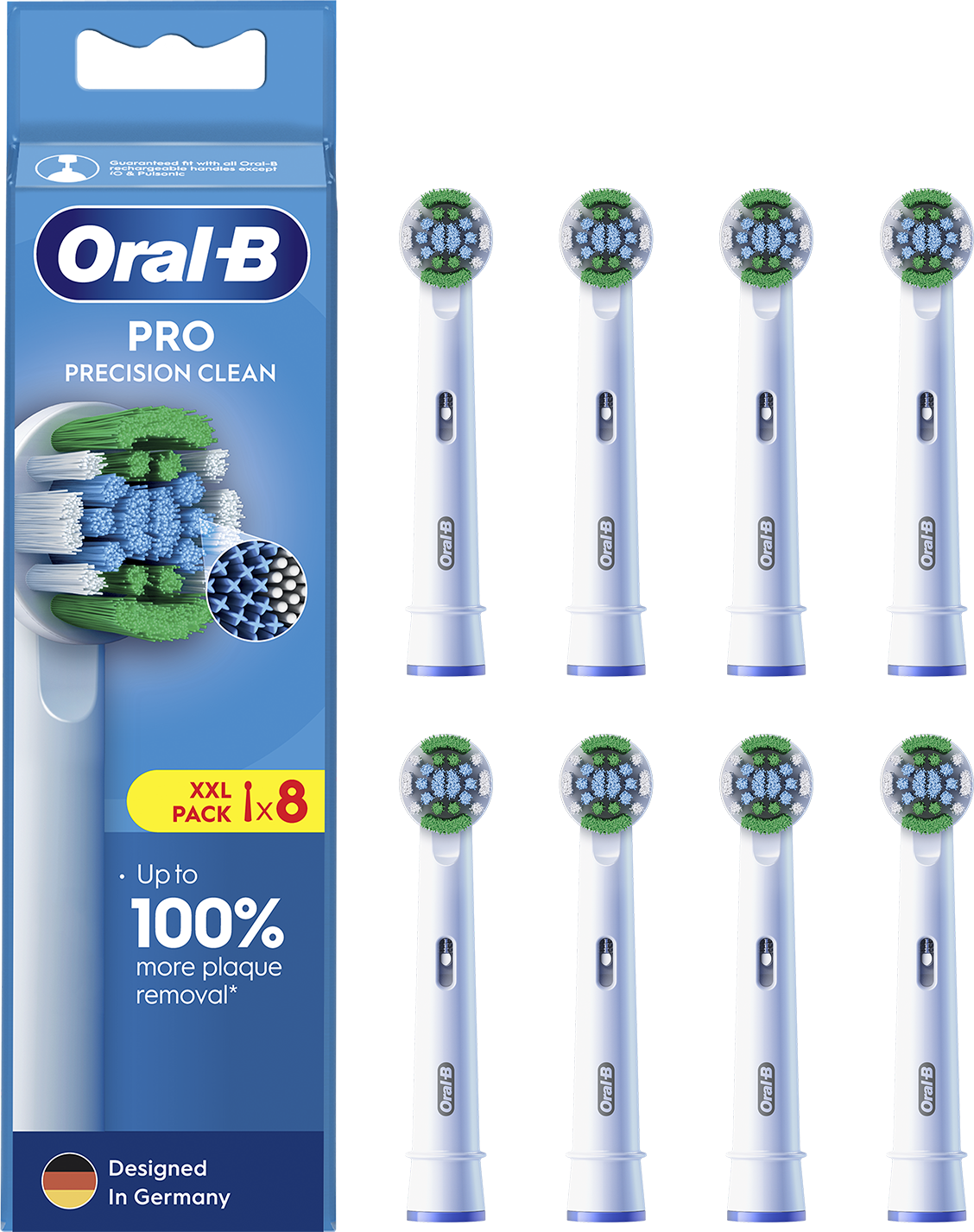 Oral-B Pro precíziós tisztító fogkefe fejek doboza. A doboz 8 fejet, fehér és kék sörtéket tartalmaz, és kék színű.