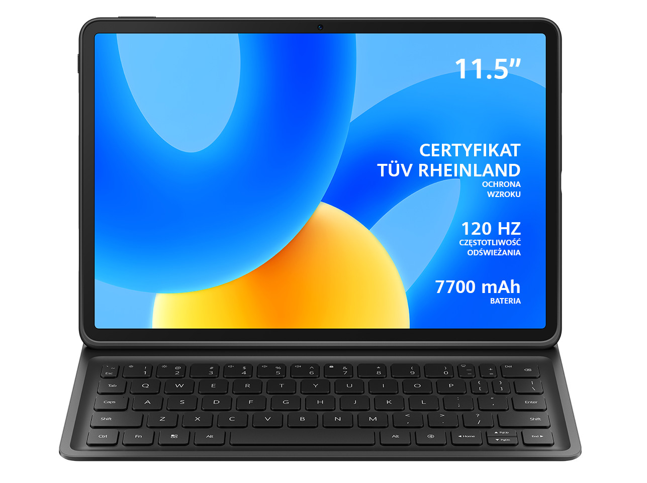 Tablet z klawiaturą. Ekran wyświetla niebiesko-żółte tło. Jest czarny.
