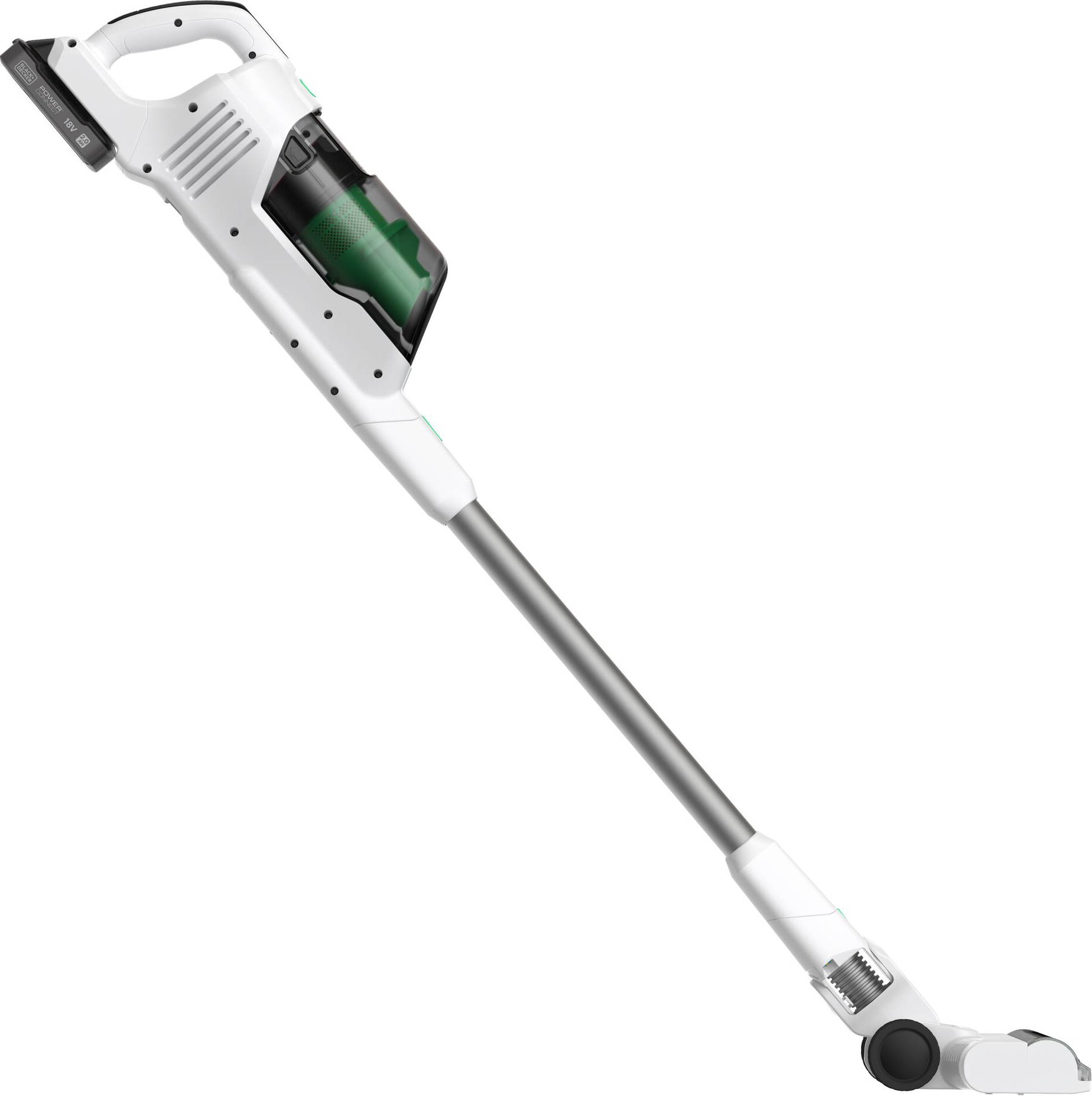 Weißer Akku-Staubsauger mit langem Griff. Grüner Filterbehälter.