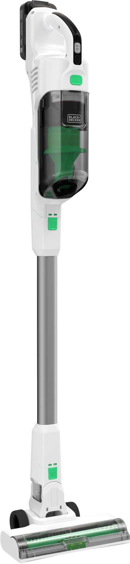 Ein weißer und silberner kabelloser Staubsauger mit einem grünen Knopf.