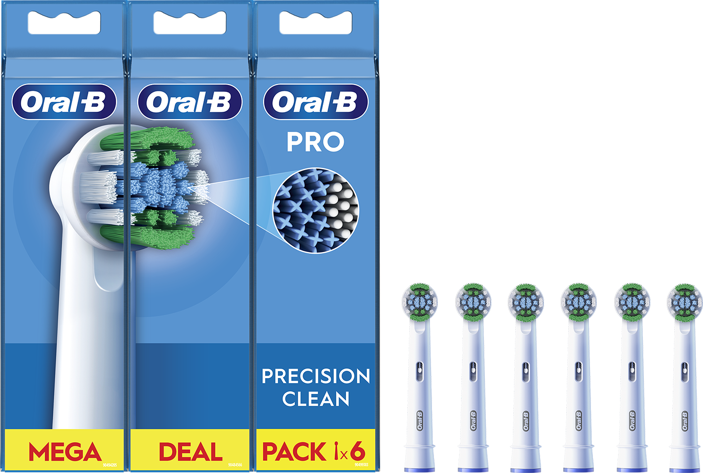 Oral-B Pro fogkefefejek csomagja. A fejeket és a csomagolást mutatja, 'MEGA DEAL' és 'PACK 1x6' felirattal.