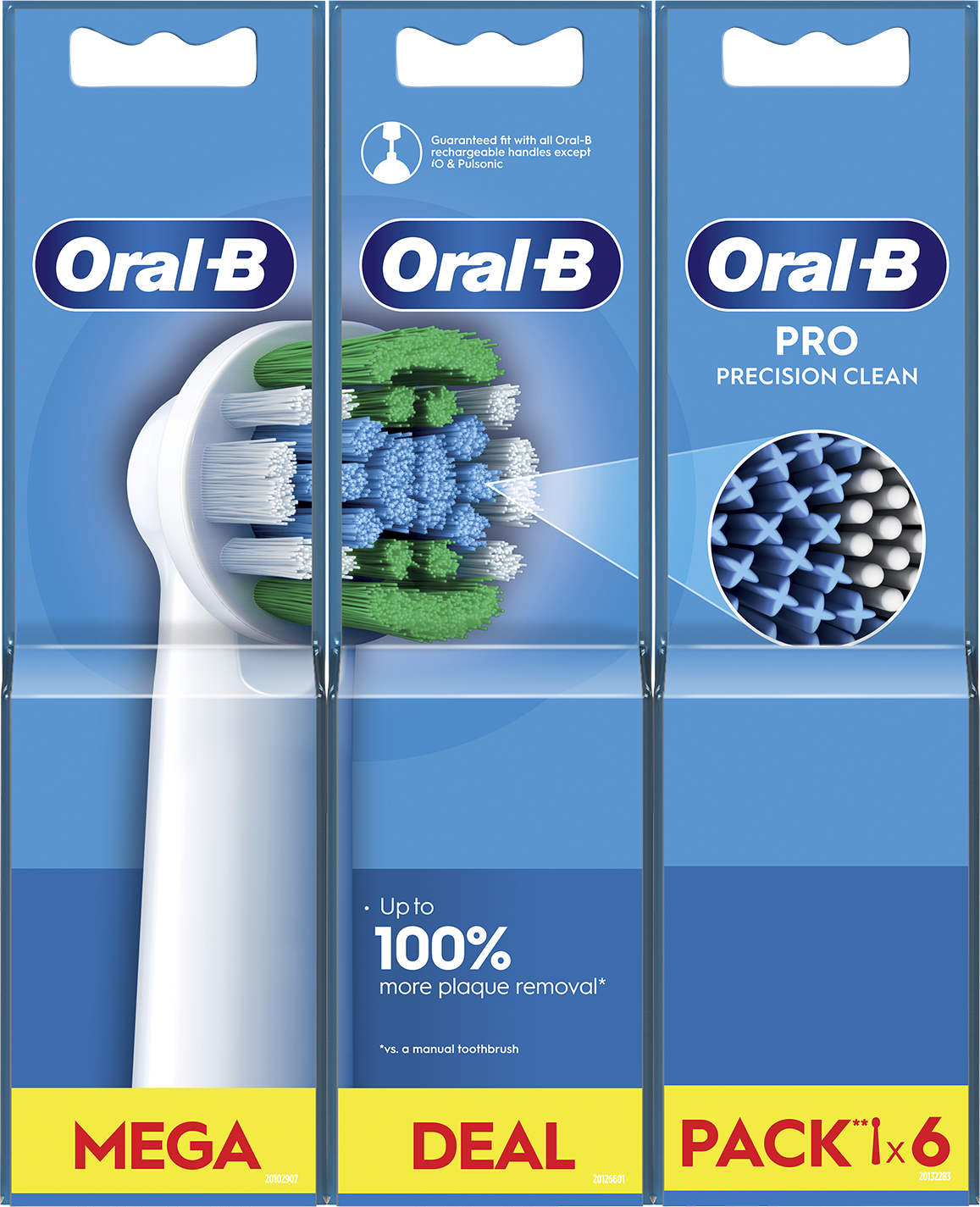 Három Oral-B fogkefe fej csomag, a fejeket és a lepedék eltávolításáról szóló szöveget mutatva.