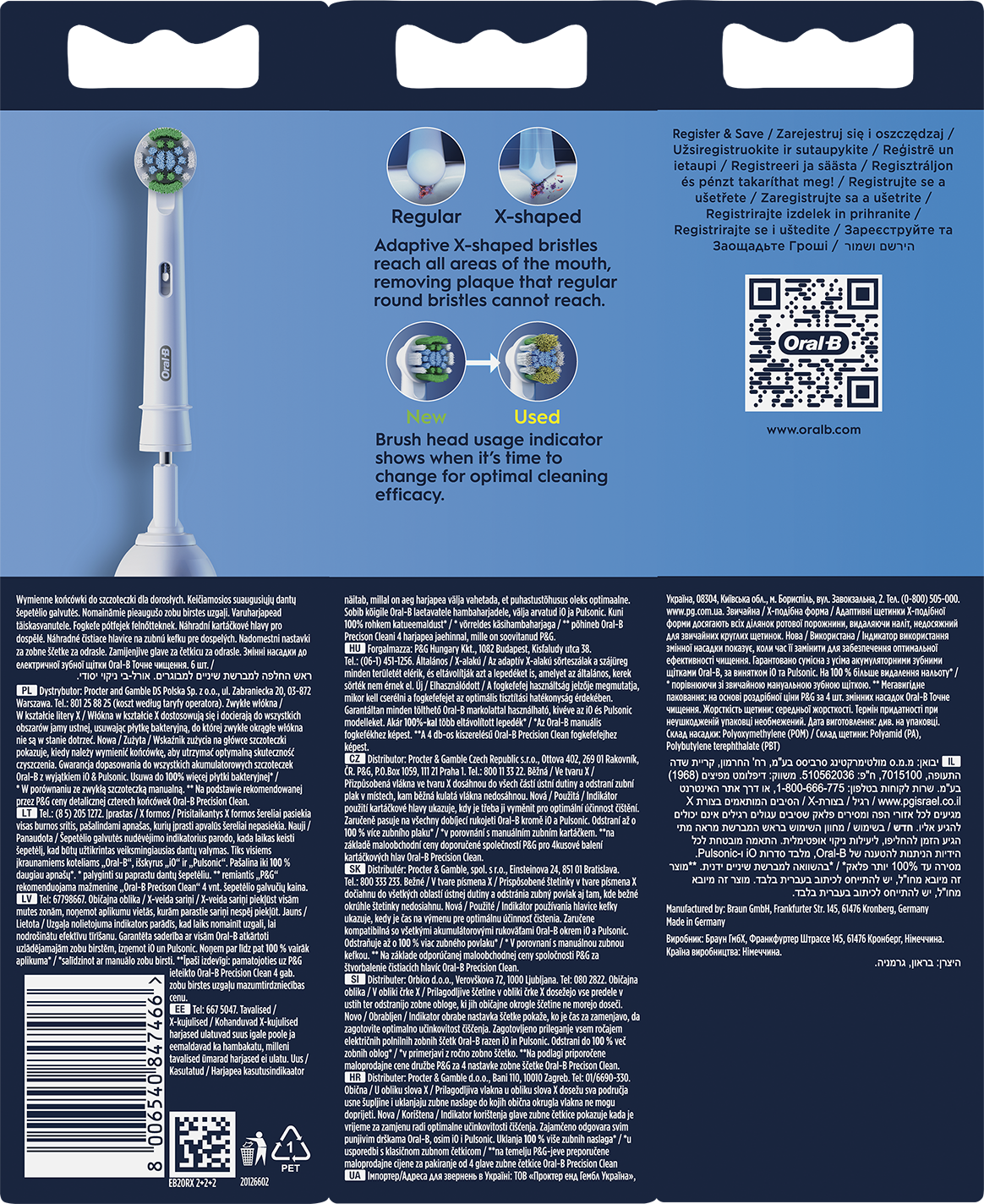 Oral-B fogkefe fej csomagolásának hátulja. Többnyelvű szöveg, a kefe jellemzői.