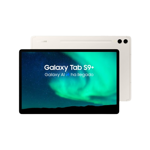 Una tableta Samsung con las palabras Galaxy Tab S9+ en la pantalla, color crema.