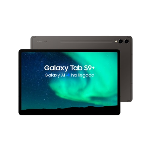 Tableta con pantalla que muestra una galaxia. Parte trasera de la tableta visible. Negro y gris.