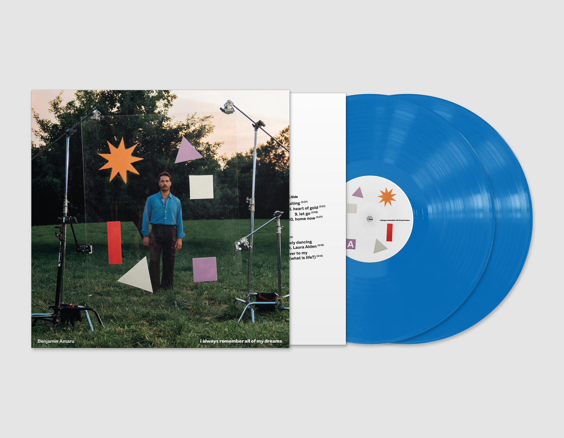 Zwei blaue Vinylplatten mit Albumcover. Ein Mann steht auf einer Wiese.