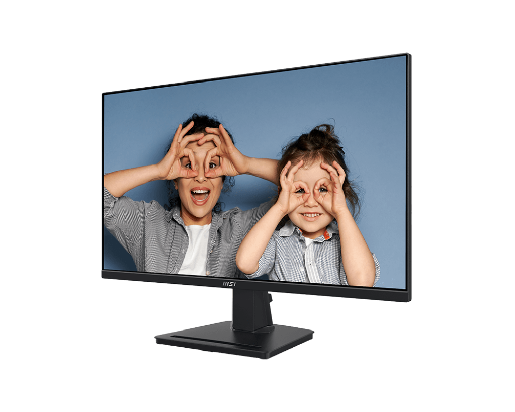 Dos personas en un monitor, haciendo gestos con los ojos. El monitor es negro, sobre un soporte negro, contra un fondo azul.