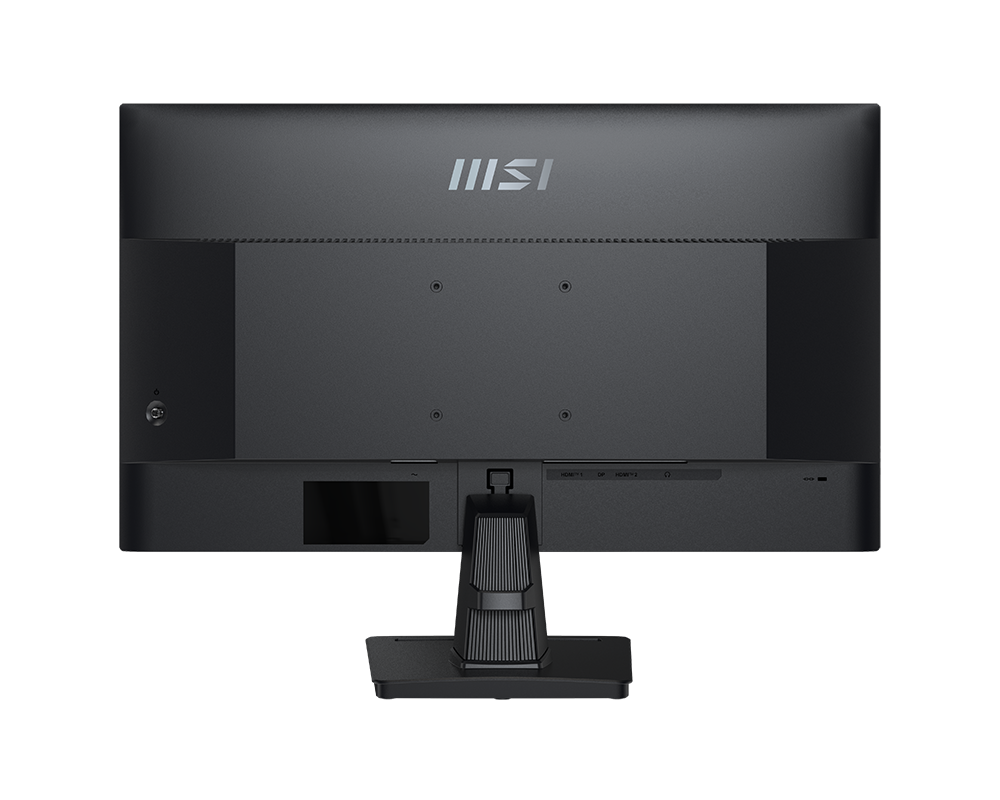 Vista trasera de un monitor de computadora negro con el logo MSI. Tiene un soporte.