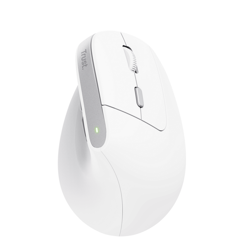 Ratón ergonómico blanco con detalles grises, mostrando una rueda de desplazamiento y luz indicadora verde.
