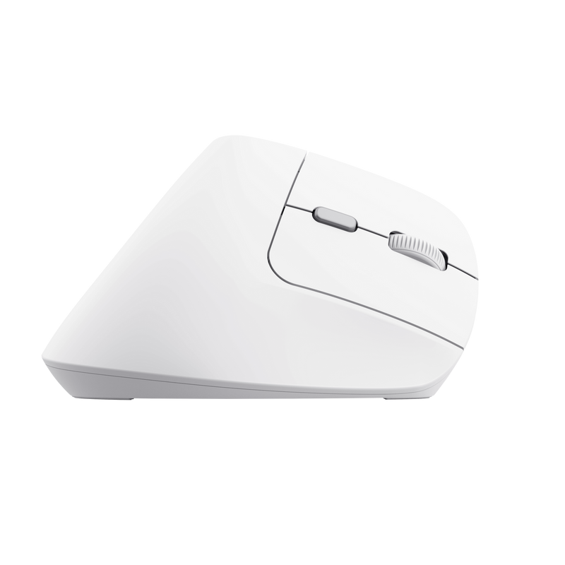Un ratón de computadora ergonómico blanco con rueda de desplazamiento y dos botones sobre fondo negro.