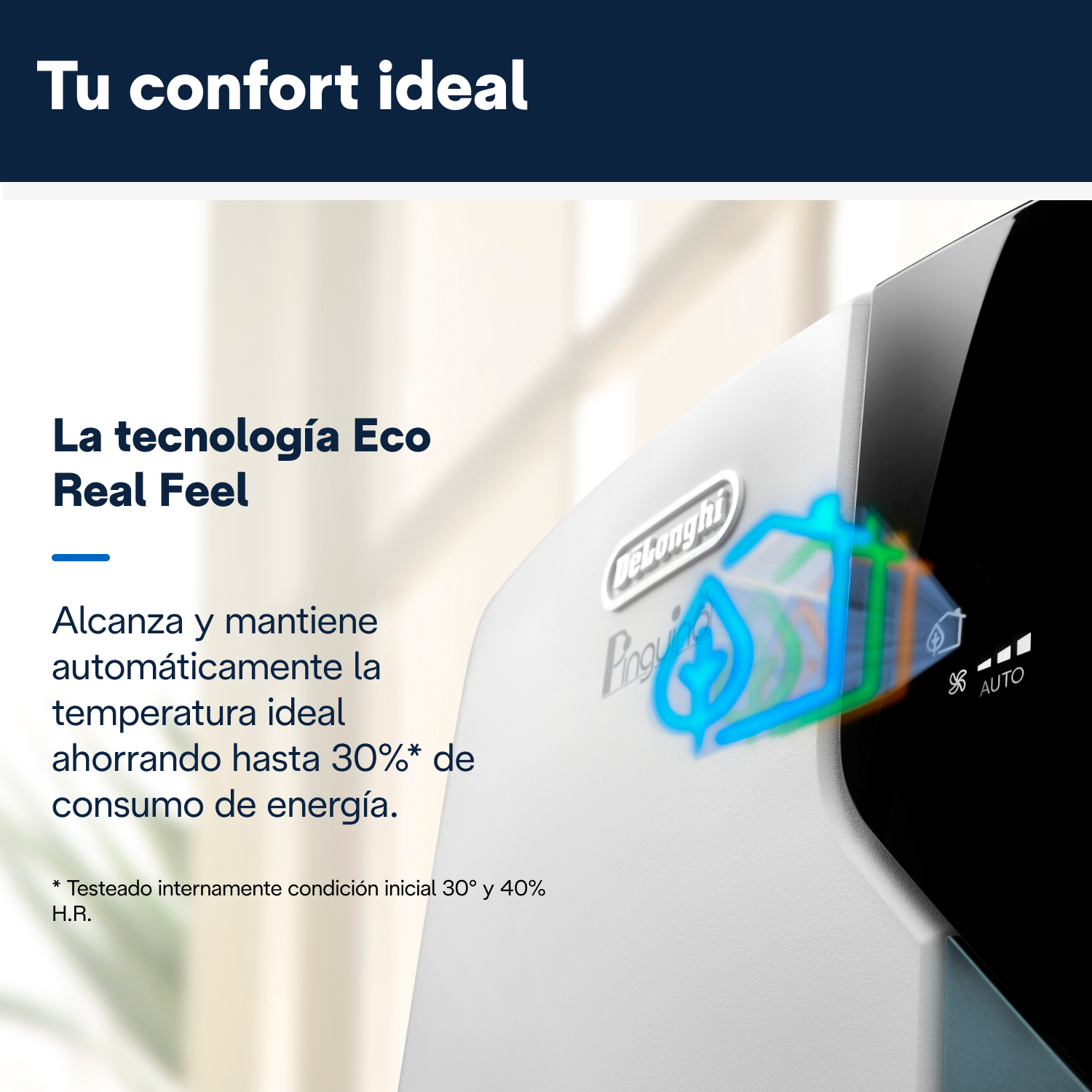 Aire acondicionado blanco con reflejos azules y verdes, con texto. El texto trata sobre el ahorro de energía.