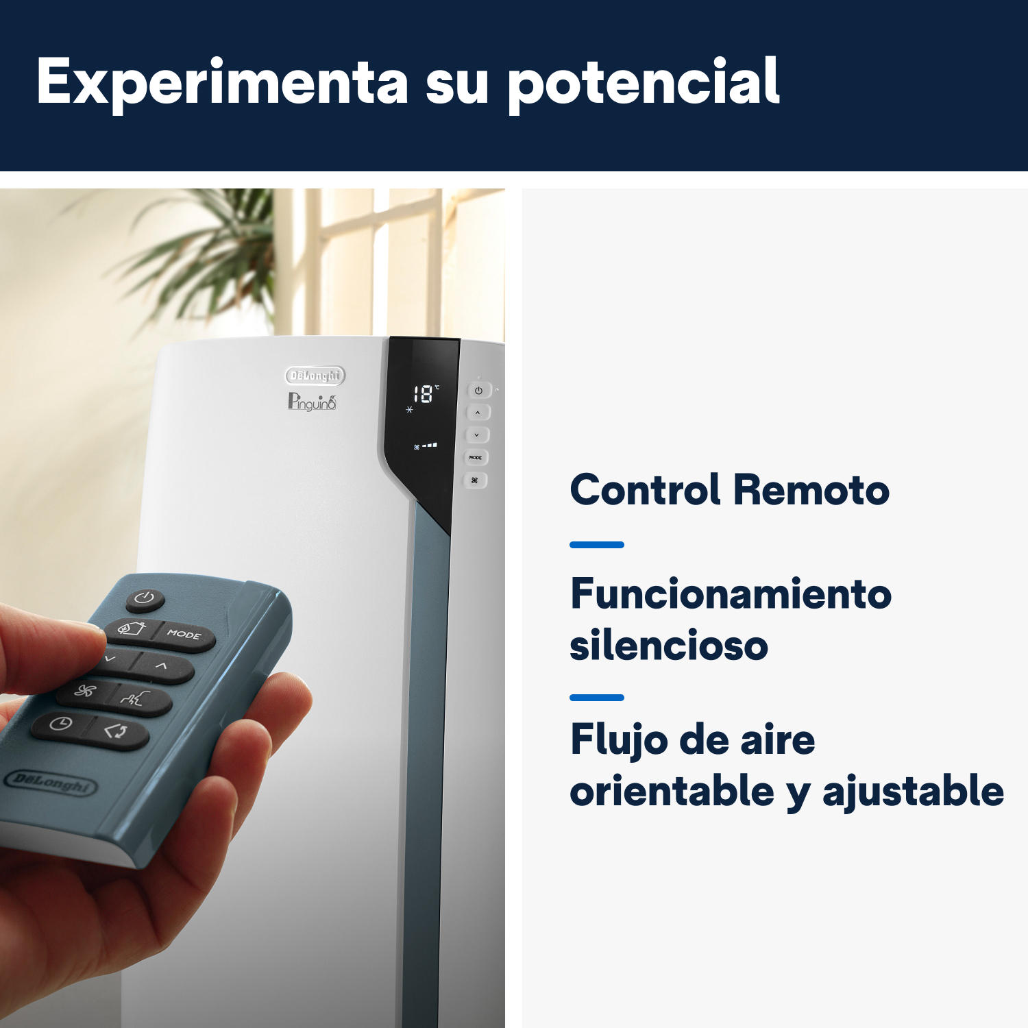 Un purificador de aire blanco y azul con un control remoto en la mano, con texto en español.