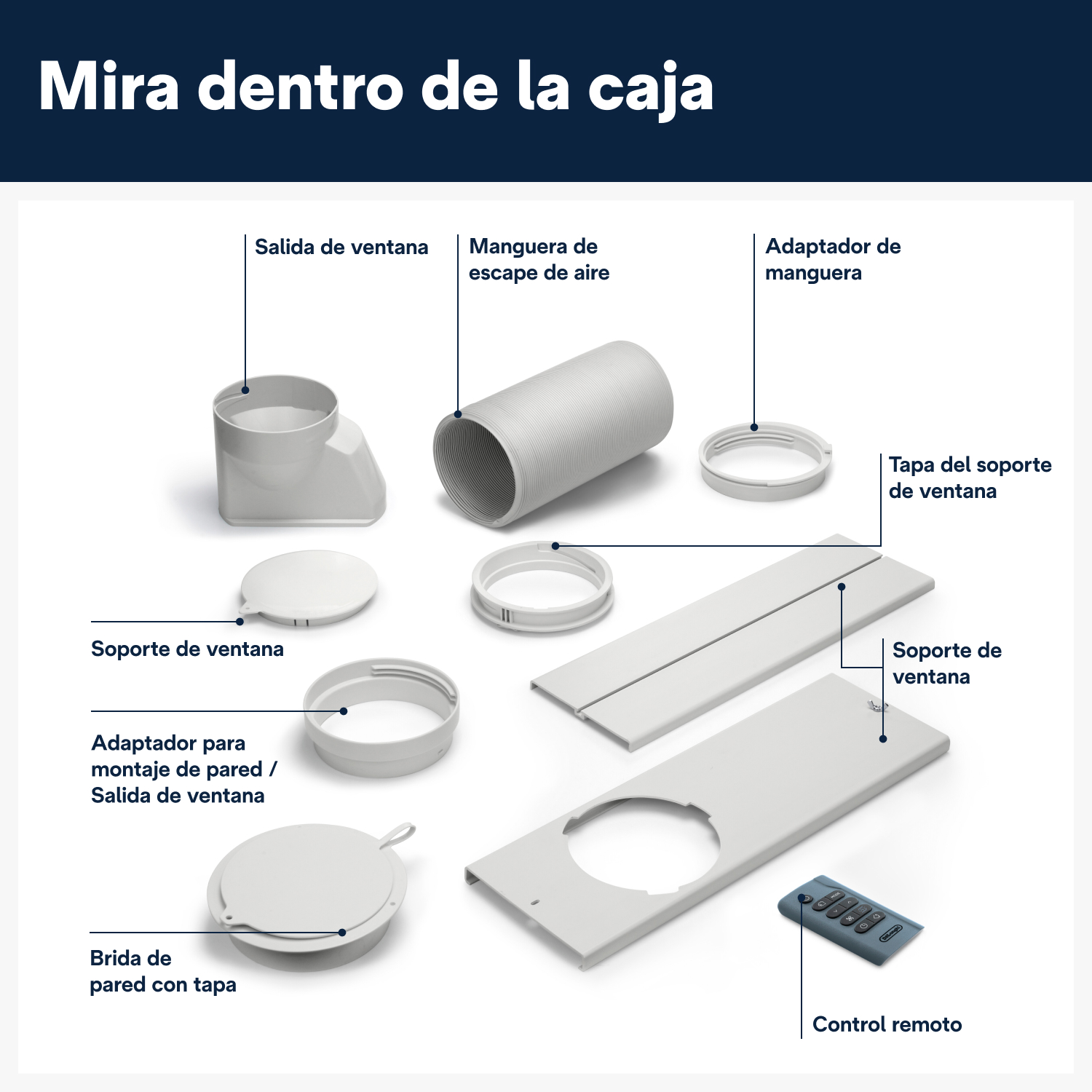 Diagrama que muestra las partes de un kit de ventana para un aire acondicionado. Las piezas incluyen un soporte de ventana y una manguera.