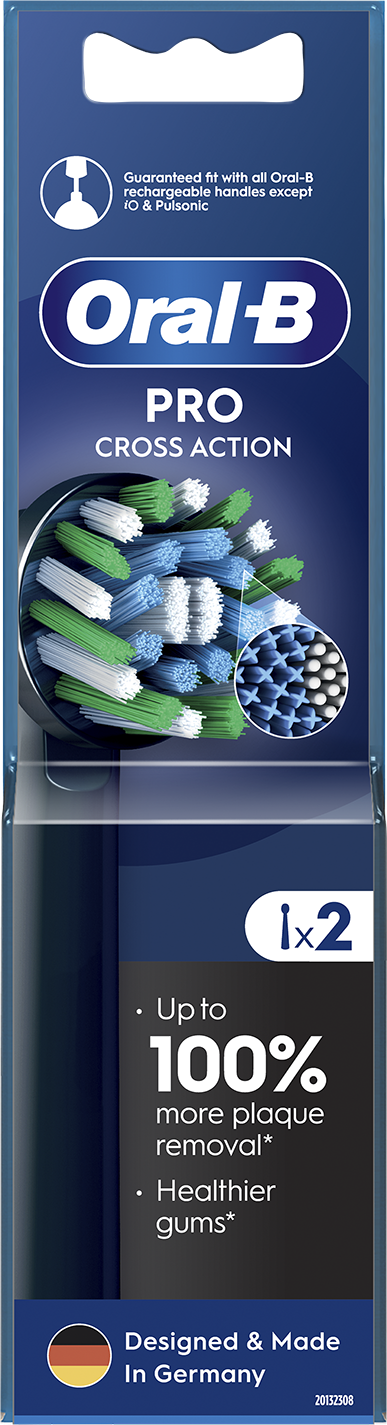 Oral-B Pro Cross Action fogkefefejek. Kék, zöld és fehér sörték. A csomagolás 100%-kal több lepedék eltávolítást ígér.