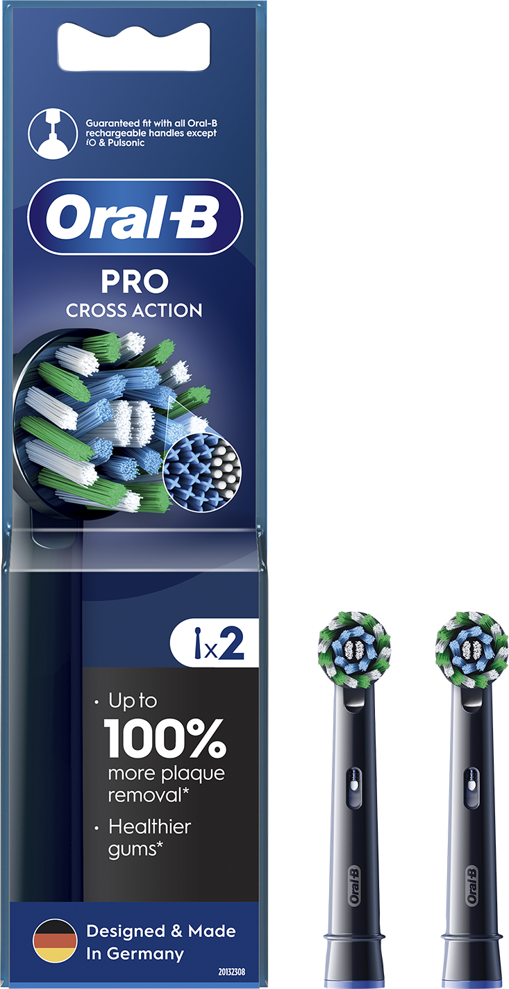 Két Oral-B Pro Cross Action fogkefefej a csomagban. Akár 100%-kal több lepedékeltávolítás.