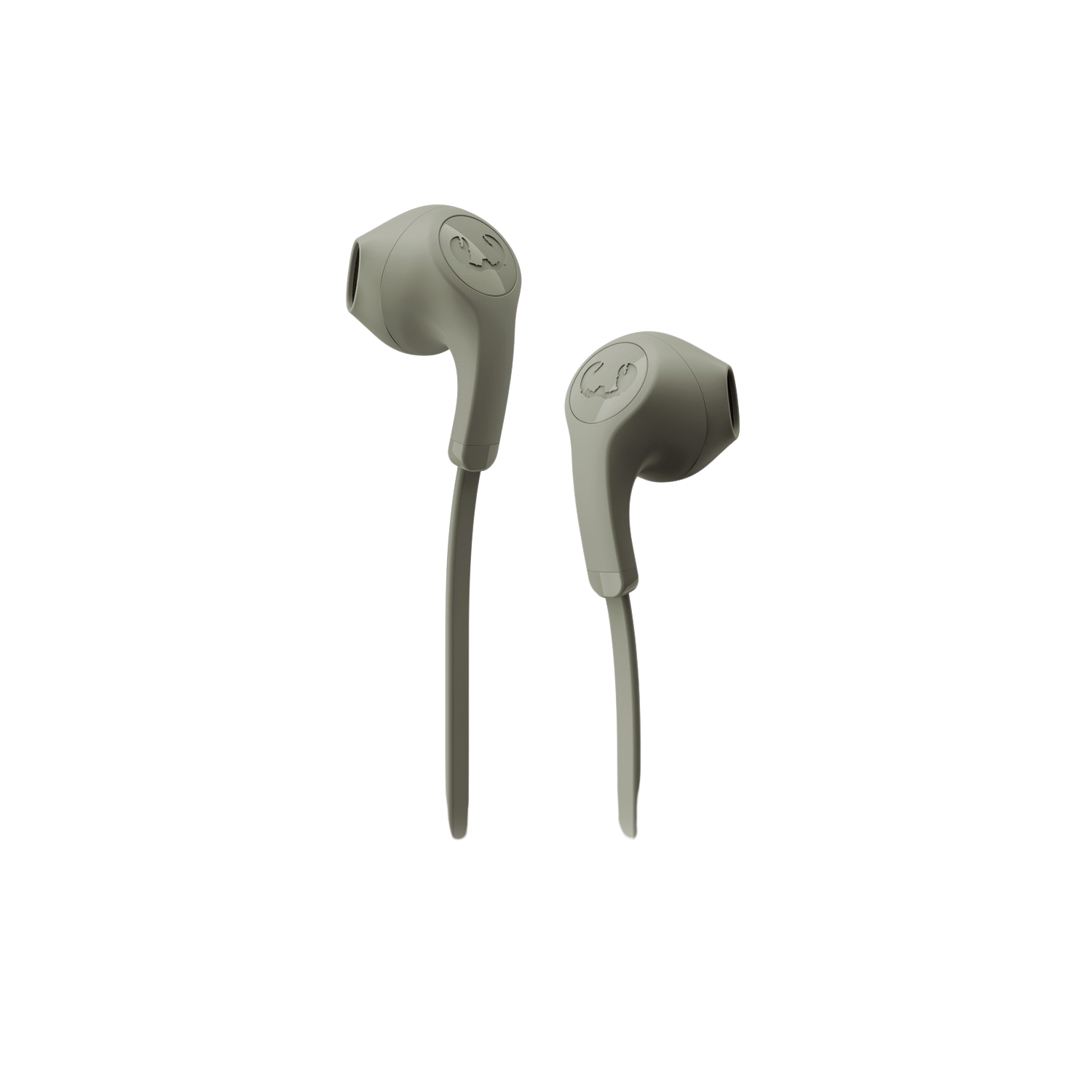 Twee grijze Skullcandy oordopjes op een zwarte achtergrond. Elke oordopje heeft een logo.