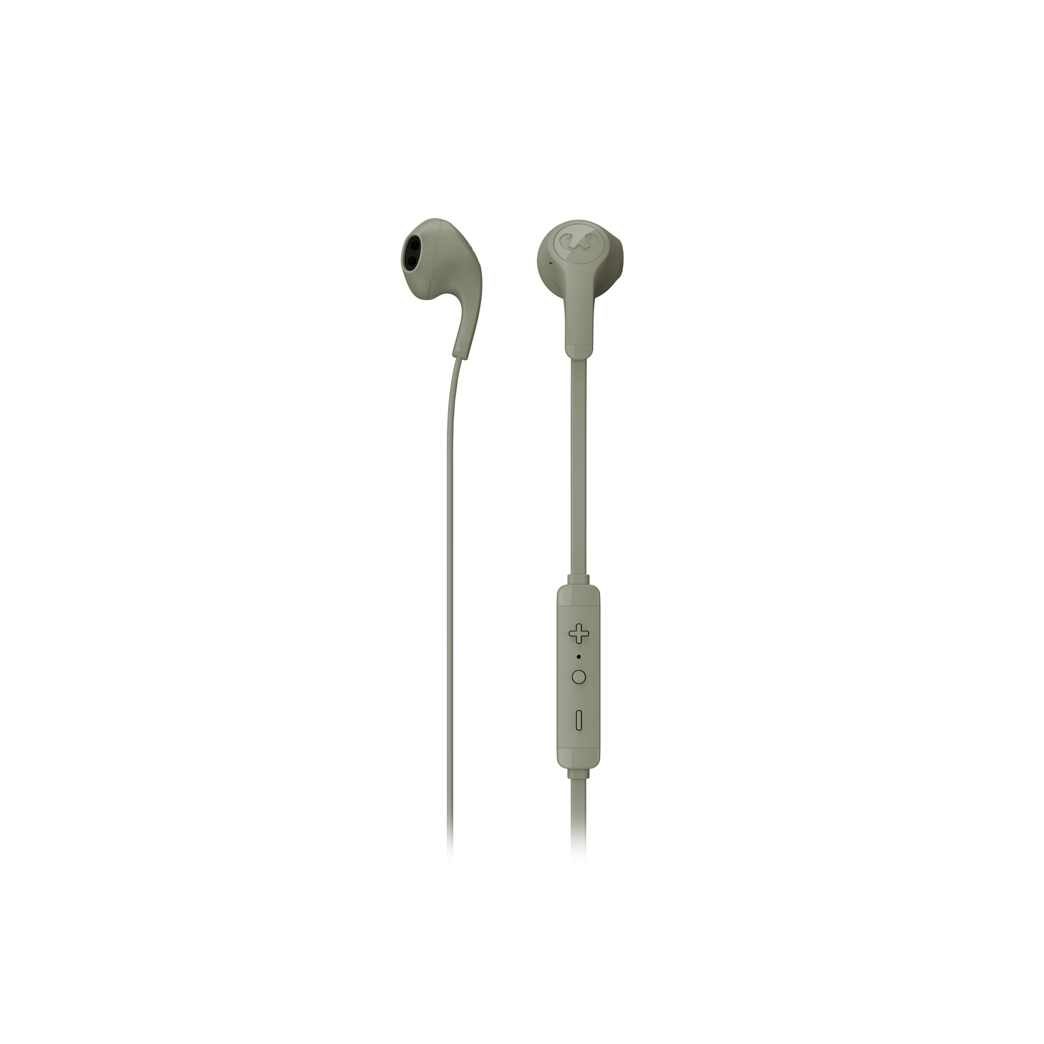 Grijze in-ear oortelefoons met een bedieningsmodule en een draad. Witte achtergrond.